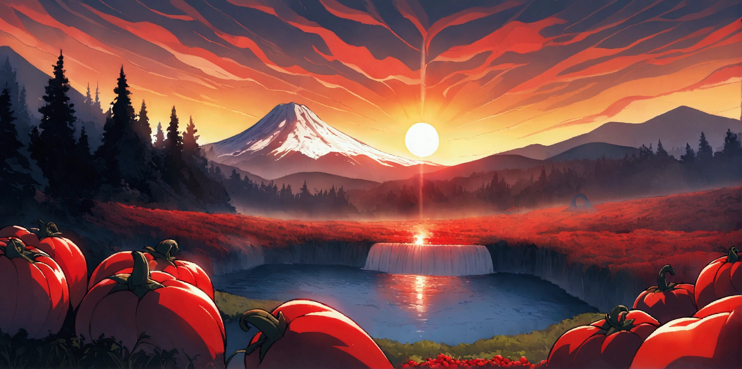 ultra wide landscape flooded with light moebius style, giant Red chilis, large tomato, sun, mt hood, waterfall, forest