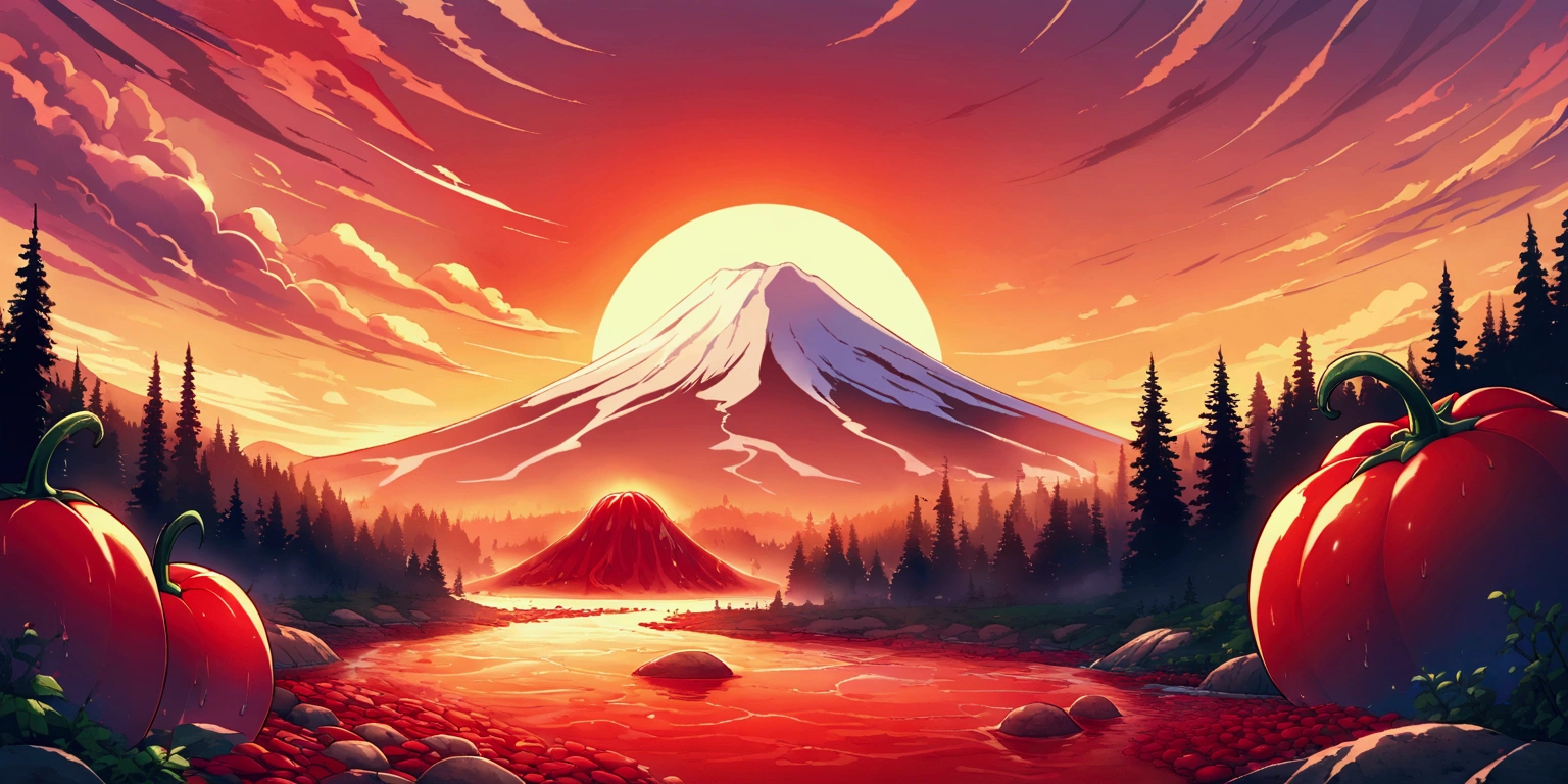 ultra wide landscape flooded with light moebius style, giant Red chilis, large tomato, sun, mt hood, waterfall, forest