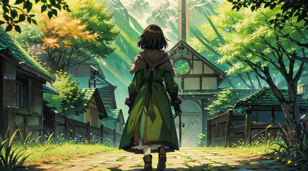 yuichiro hyakuya girl, (WithoutFear:1), 1 girl, black hair, green eyes, brown coat, gray armor, elves, sylvan, green shield, green cloak, dark brown gloves, forest, white fur trim, anime, standing, good quality, portrait, looking at viewer