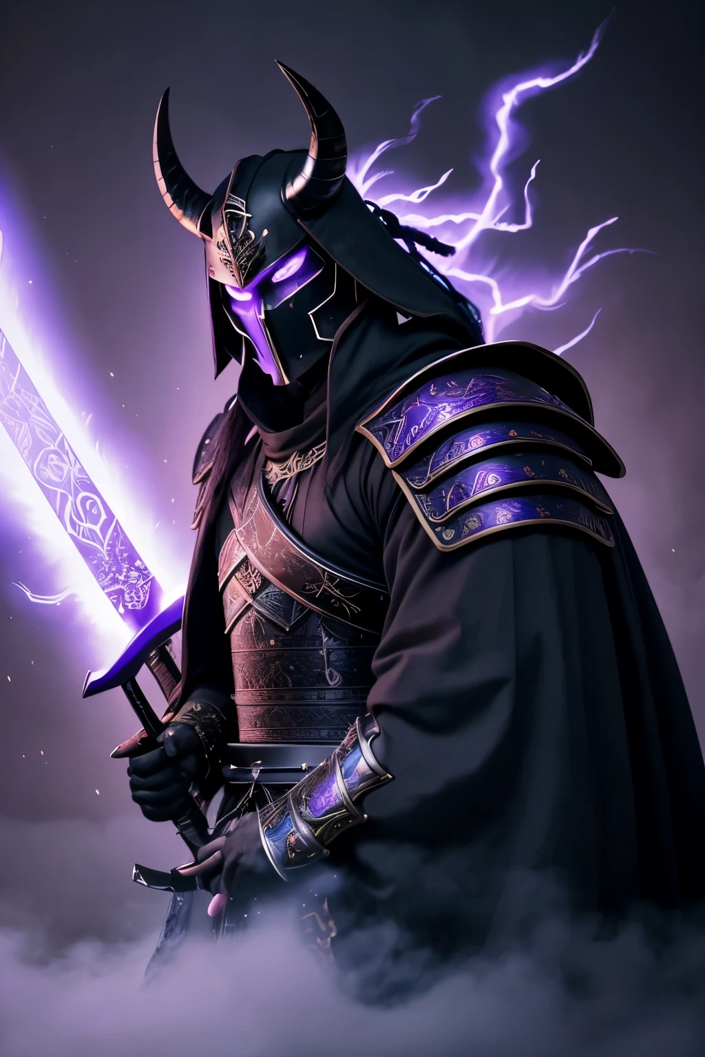 Dramatic and stylized portrayal of a formidable black samurai warrior, bathed in the ethereal glow of a cyberpunk metropolis shrouded in blue mist and atmospheric haze. The warrior's traditional armor is meticulously crafted, adorned with dark, metallic textures and striking purple accents, evoking an aura of power and mystery. The impressive helm, adorned with towering horns and a terrifying mask with mesmerizing purple eyes, adds an otherworldly allure to the figure. The samurai deftly wields two swords in a motion that is both fluid and menacing, po
