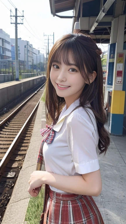 expensive resolution, RAW Photos, Realistic, Very delicate and beautiful, 非常に詳細 CG unity 8k wallpaper, Very detailed, (expensiveest quality, 8k, 32K, masterpiece, 超expensive resolution:1.2), cute japanese model pictures, expensive ,(White Sailor Suit 1),Tartan plaid skirt, Tartan check tie,Beautiful Face, Downward,Long one-length long hair, Standing on the station platform, 1６Year,Young and cute gravure idol,Duck face,teeth, pork, Thighs,View your audience,150cm,nice smile、