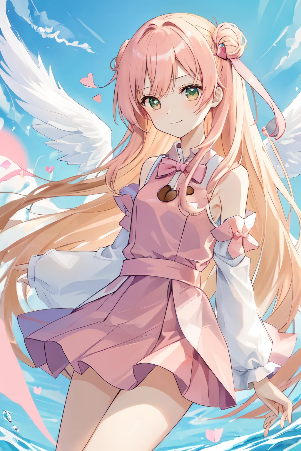 1_girl, (anime, kawai:2), (masterpeice, best_quality, clean:1.5), (sky_background:1.2), (cute, cute_smile, wholesome, young:1.8), (delicate, extremely_delicate, beautiful, thin:1.5), (girlfriend, angel:1.8), (green_eyes, simple_eyes:1.8) (long_hair, blond_hair:1.8), (combat:1.2), (wearing_pink_dress, pink_angel_wings:1.8), (combat:1.2), extremely_delicate, (love_magic:1.5), (age_size_fits_body), (small_thighs:1.3), (breasts), (eye_level:1.3), (heart_magic, love:1.8), (warm:1.8), (folded_legs:1.5)