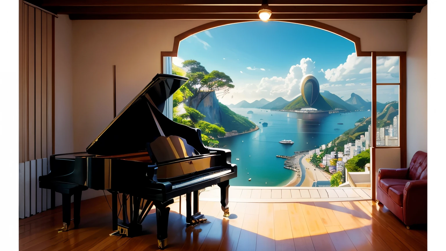 create an image that represents the bosa nova of Rio de Janeiro, Piano, Guitar, environment according to the season