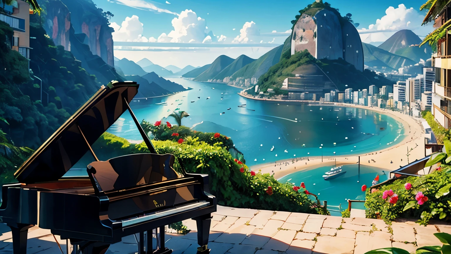 create an image that represents the bosa nova of Rio de Janeiro, Piano, Guitar, environment according to the season