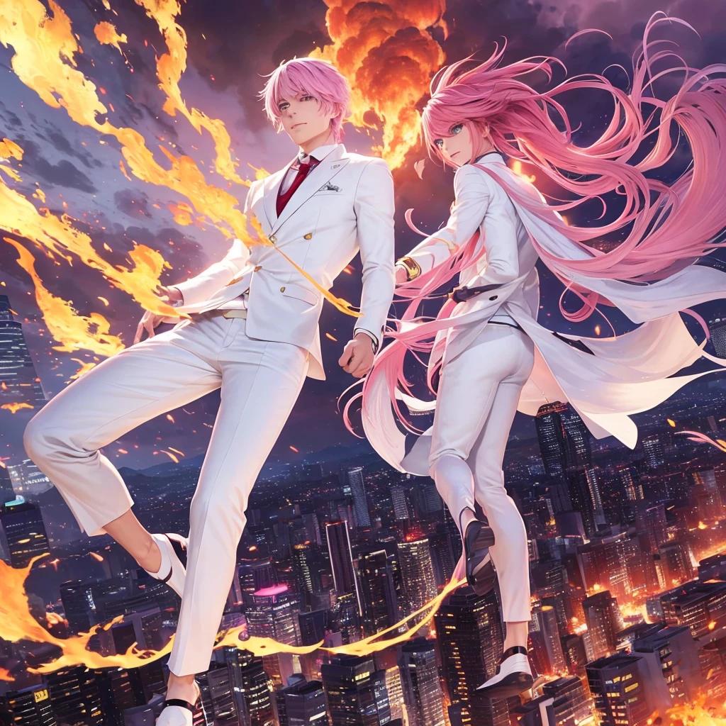Um homem solo com pink hair e blue colored eyes, sorrindo confidentmente. Ele está vestindo um white suit impecável, with sophisticated details. Your skin is white, and he has a charismatic aura. O estilo artístico é inspirado no アニメ JUJUTSU KAİSEN, with dynamic lines and vibrant colors. O fundo apresenta uma city on fire, with ruined buildings and intense flames, creating an apocalyptic and dramatic atmosphere. Key words: アニメ, pink hair, blue colored eyes, white suit, city on fire, apocalypto, Drama, JUJUTSU KAİSEN, charismatic, confident.