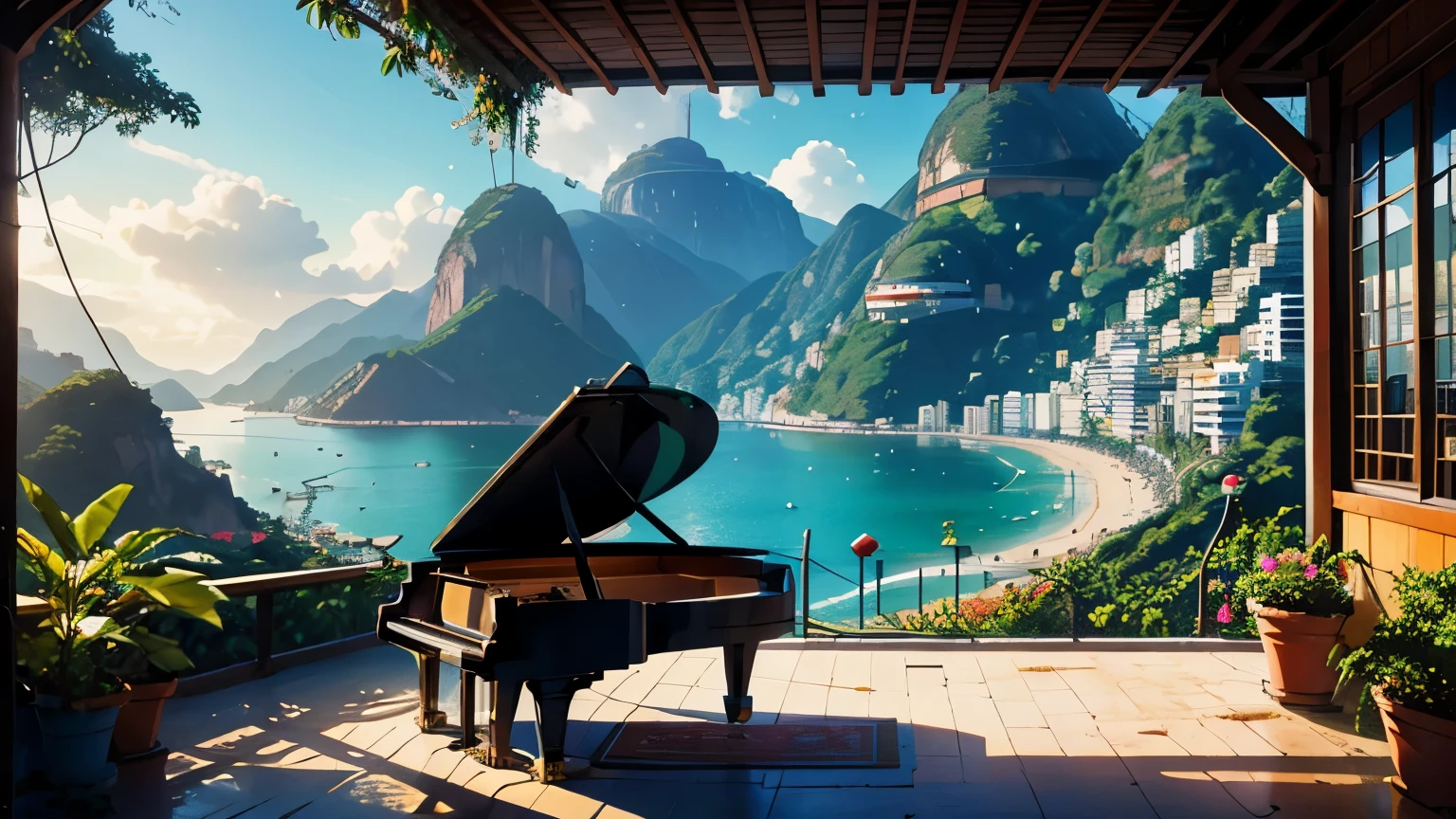 create an image that represents the bosa nova of Rio de Janeiro, Piano, Guitar, environment according to the season