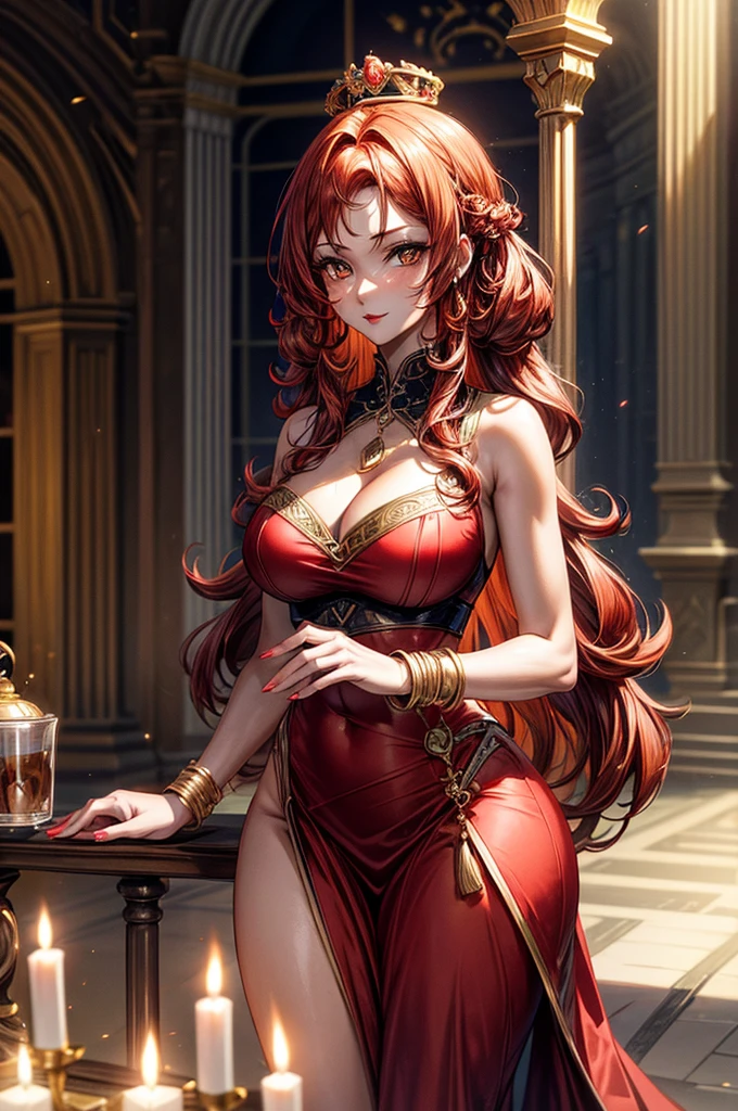 highest quality, ultra high resolution, super detailed, gorgeous, masterpiece, best quality, high resolution finely detailed, extremely beautiful, distinct image, glistening caramel brown skin, piercing golden eyes, curly fiery red hair, slender alluring older woman, 40 years old, elegant long empress dress, (((MILF))), 1 woman, solo, sharp facial features, empress like aura and majesty, symmetrical shaped face, fiery red lips, medium height(174cm), slender and thick, toned body type, Gothic modern city setting