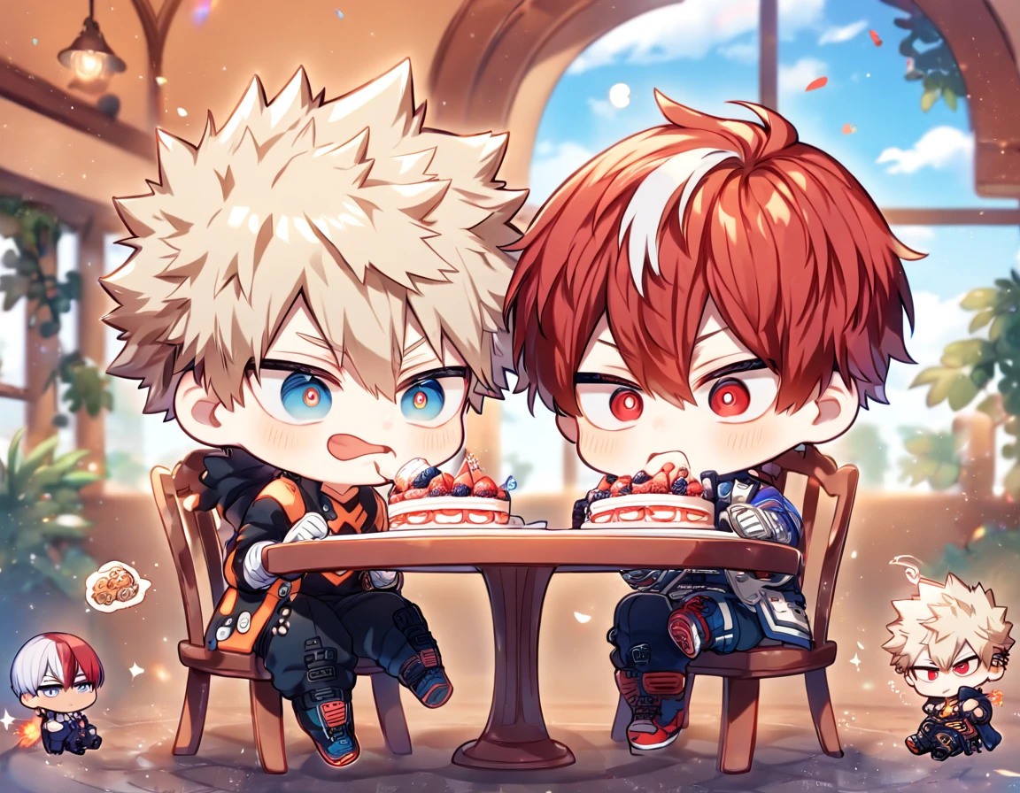 absurdres, highres, ultra detailed, HDR, master piece, best quality, extremely detailed, Todoroki Shouto chibi, bicolored hair, right side of the hair white, left side of the hair red, expressive blue eyes, Boku No Hero Academia, Bakugo Katsuki chibi, ash-blonde hair, expressive red eyes, two boy sitting together, gay couple, yaoi, cute, hero clothes, magical, cafe, table, chairs, eating, cake