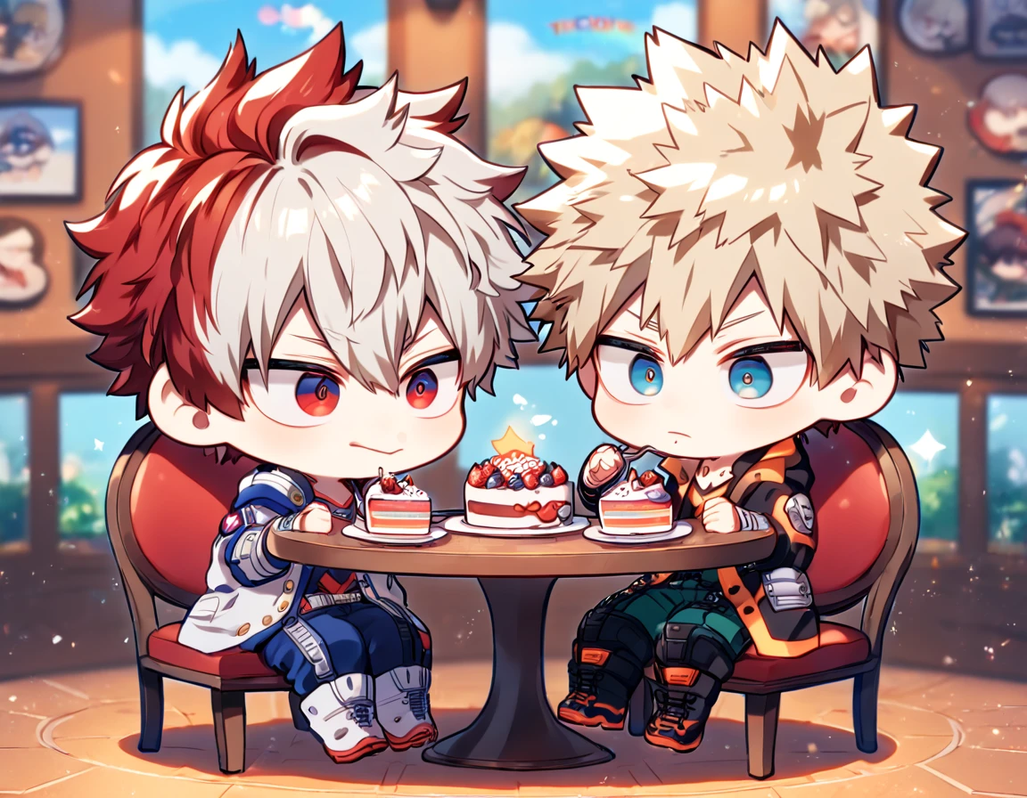 absurdres, highres, ultra detailed, HDR, master piece, best quality, extremely detailed, Todoroki Shouto chibi, bicolored hair, right side of the hair white, left side of the hair red, expressive blue eyes, Boku No Hero Academia, Bakugo Katsuki chibi, ash-blonde hair, expressive red eyes, two boy sitting together, gay couple, yaoi, cute, hero clothes, magical, cafe, table, chairs, eating, cake