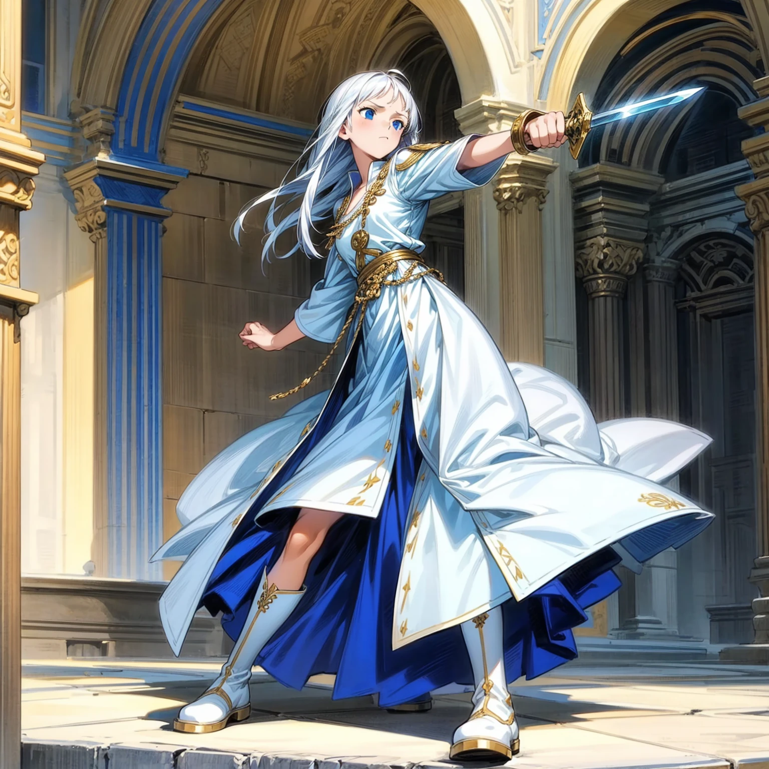 Solo character, girl, full body version, white hair, long haircut, blue eyes, Ancient greek tunic clothing, white color clothing, boots, Grassroots, full background in indoor Castle, (one piece style art), battle gesture, Sword in hand