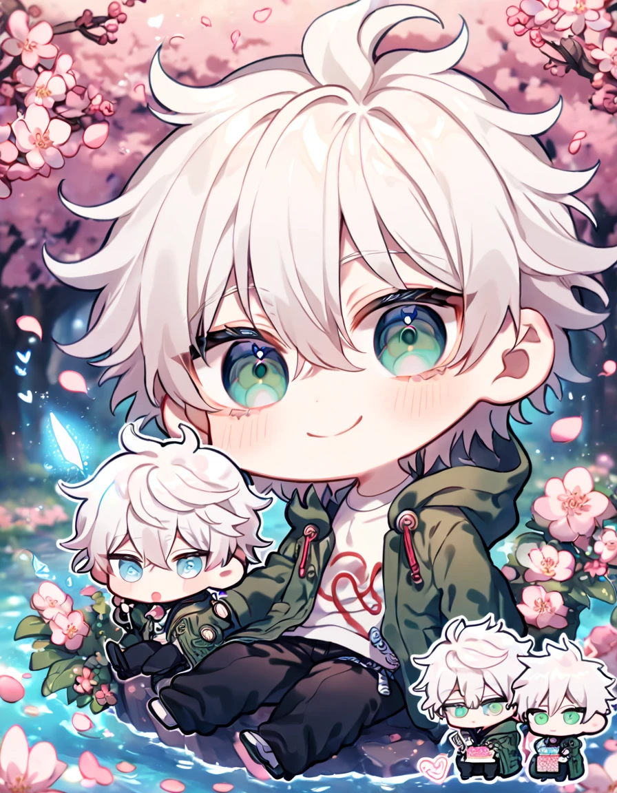 absurdres, highres, ultra detailed, HDR, master piece, Gojou Satoru chibi, white hair with bangs, white eyelashes, expressive blue eyes, Jujutsu Kaisen, Komaeda Nagito chibi, white hair, expressive green eyes, green coat, white shirt, Danganronpa, two boys sitting together, cute, gay couple, yaoi, love, best quality, blossoms, pink petals, pink flowers, fantasy, magical, blue shining fireflies, water, ice cream,