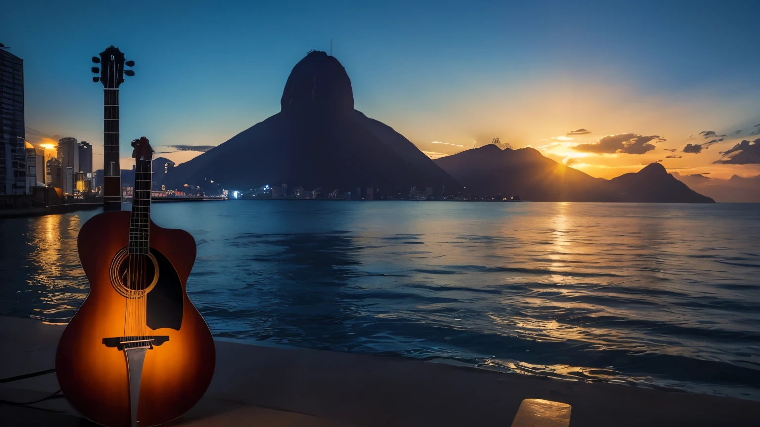 create an image that represents the bosa nova of Rio de Janeiro, Piano, Guitar, environment according to the season, 