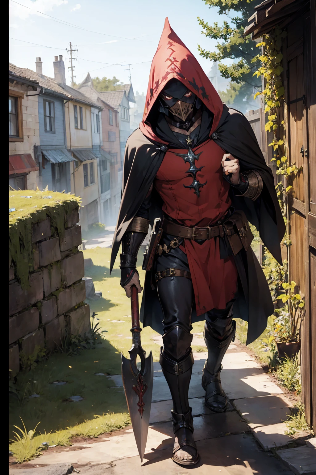 warhammer fantasy roleplay grave robber with a hooded cloak, wearing a fancy jester mask, human, male, skinny, full body art, grimdark comic art style, holding a shovel, belt pouch, no weapons, no armour, gloved hands