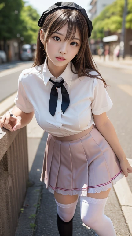 Masterpiece, Highest quality, figure, Very detailed, The finer details, High resolution, 8k,wallpaper, Perfect dynamic composition,(Detailed high quality, Realistic depiction of eyes:1.3), Are standing, short hair, (Wavy Hair:1.2), (Short sleeve collared dress shirt,Tight Skirt,Knee socks,zettai ryouiki:1.4), Black hair color, Big Natural Color Lip, Bold sexy pose、Cold Stare, Harajuku Style、Acrobatic pose, 20-year-old girl、Cute type、ta、Beautiful feet, Idol Sculpture, Japanese Idols, Small breasts