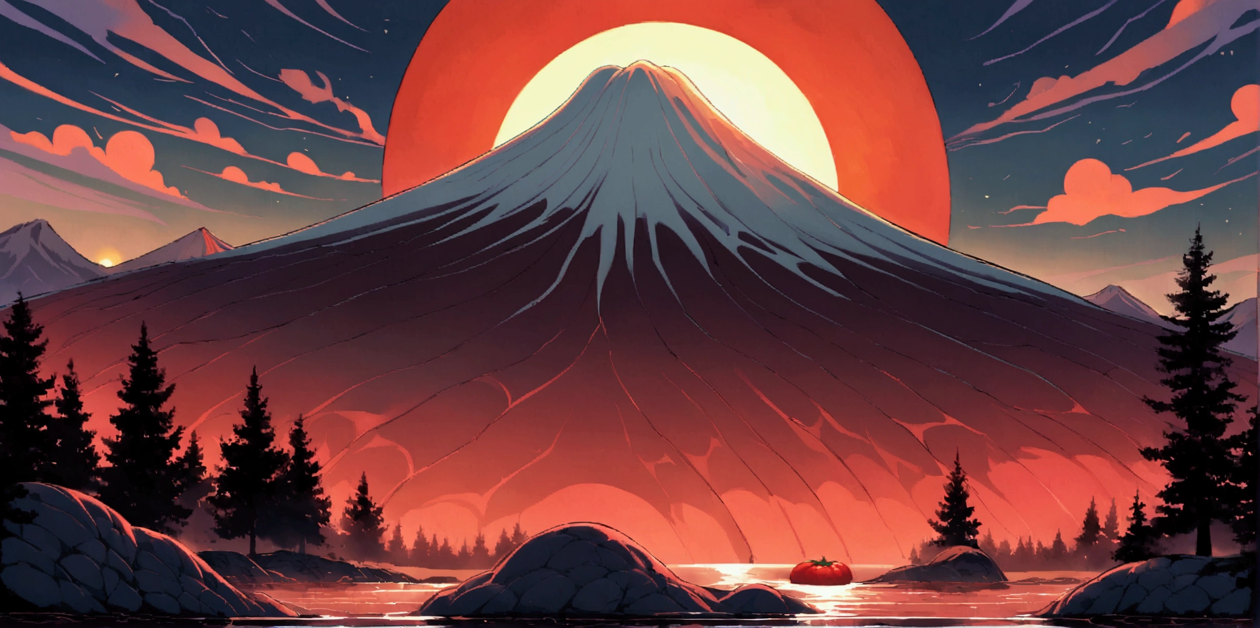 ultra wide landscape flooded with light moebius style, giant Red chilis, large tomato, sun, mt hood, waterfall, forest