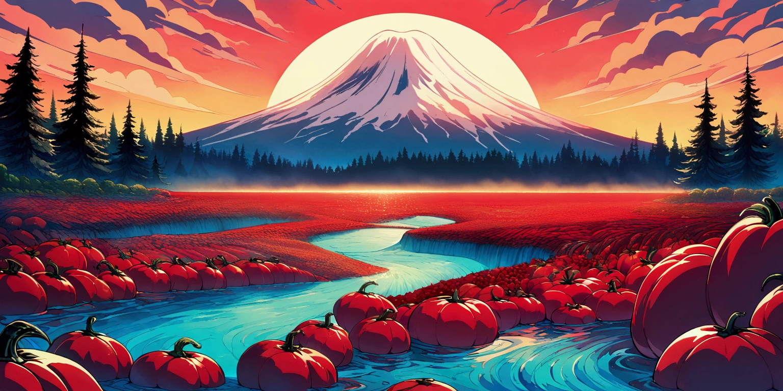 ultra wide landscape flooded with light moebius style, giant Red chilis, large tomato, sun, mt hood, waterfall, forest