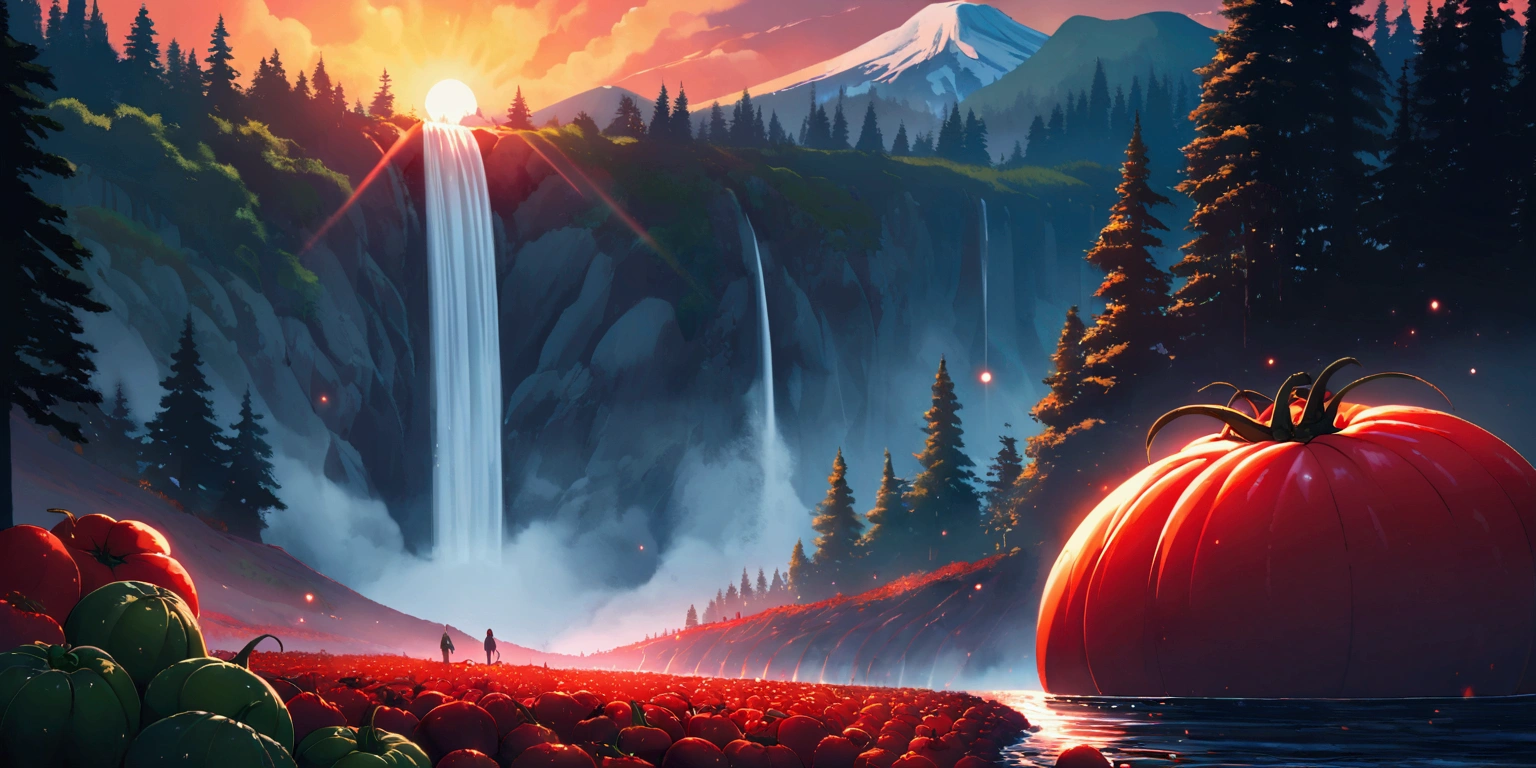 ultra wide landscape flooded with light moebius style, giant Red chilis, large tomato, sun, mt hood, waterfall, forest