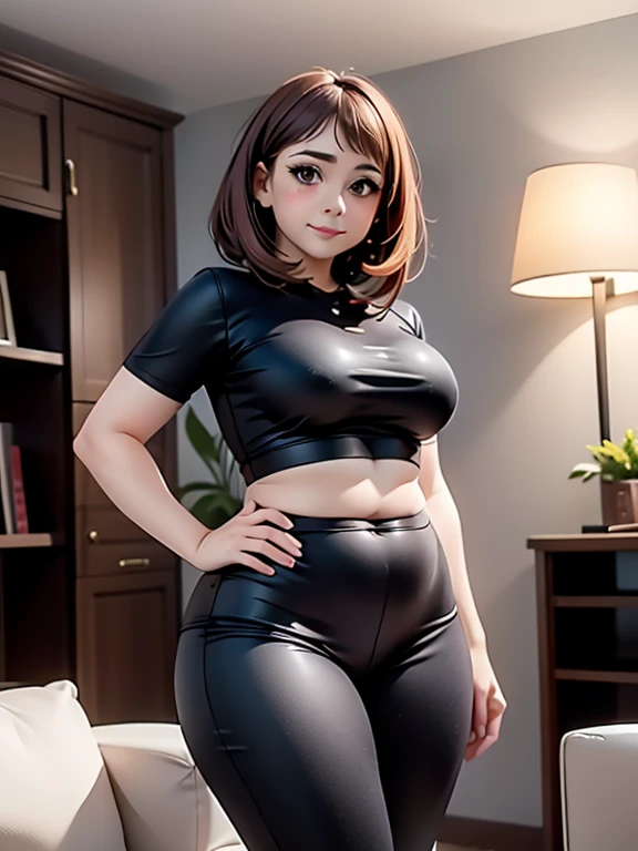 high quality, best quality, beautiful, perfect lighting, detailed face, mature face, ((1girl)), ((solo)), Imagine Ochaco Uraraka as an adult, 45 years old, MILF, plus sized milf, short brown hair, brown eyes, ((blush)), smile, looking at viewer, black leather pants, dark blue shirt, white heels, ((medium breasts)), wide hips, thick thighs, chubby, love handles, muffin-top, round belly, protruding gut, living room, hands on hips,
