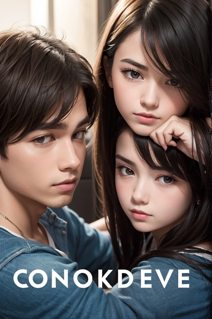 create the cover of a romance book, involving a couple of teenagers who are being divided by a line that keeps touching them