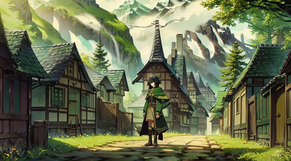 yuichiro hyakuya girl, (WithoutFear:1), 1 girl, black hair, green eyes, brown coat, gray armor, elves, sylvan, green shield, green cloak, dark brown gloves, forest, white fur trim, anime, standing, good quality, portrait, looking at viewer