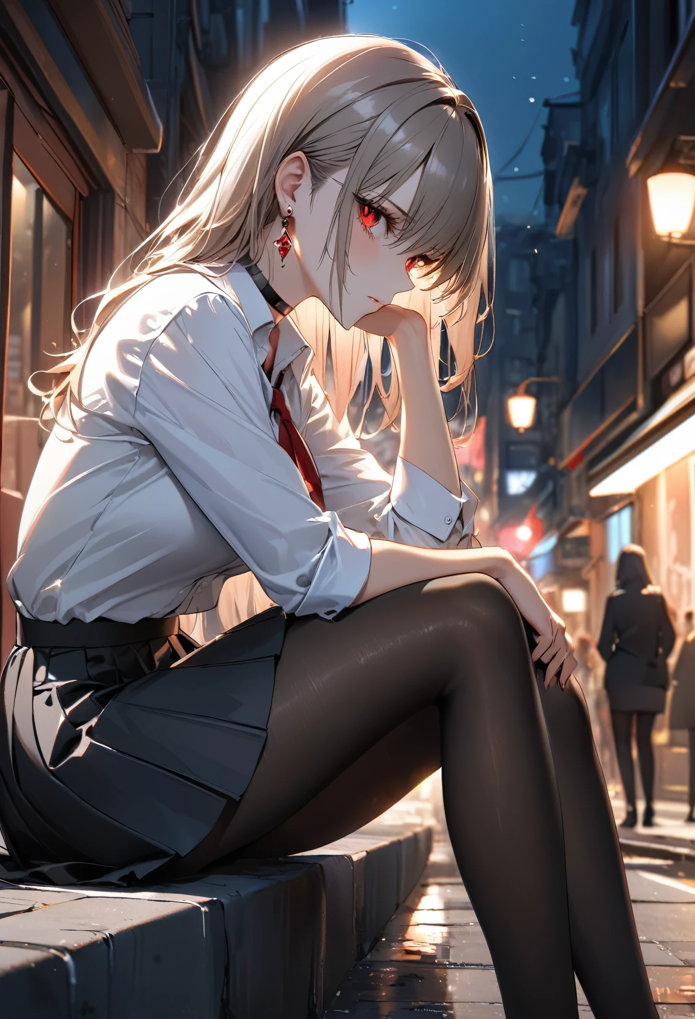 best quality, super_delicate, super delicate eyes, ultra detailed, beautiful, 8k , 1girl, red eyes, evil, looking sideway, don't looking at viewer, 目をそらしている, street, sitting, business shirt, skirt, earrings, choker, black tights, nikke, night