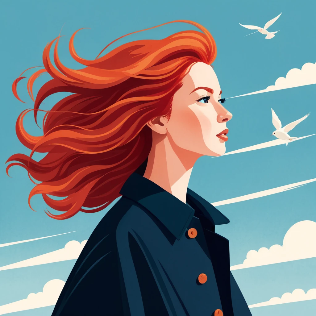 A flat style illustration a red-haired woman with hair blowing in the wind, a woman. by Clémence Guillemaud