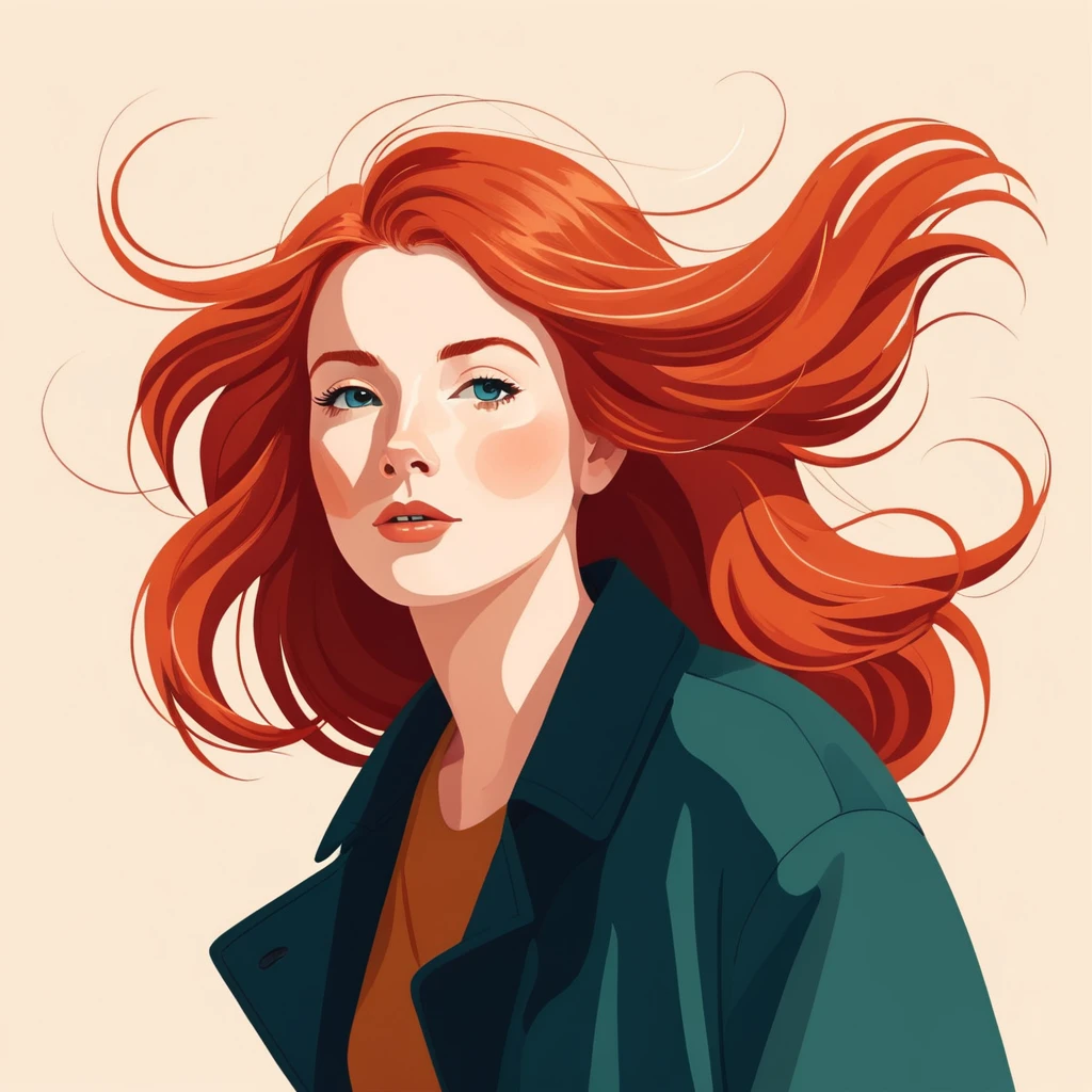 A flat style illustration a red-haired woman with hair blowing in the wind, a woman. by Clémence Guillemaud