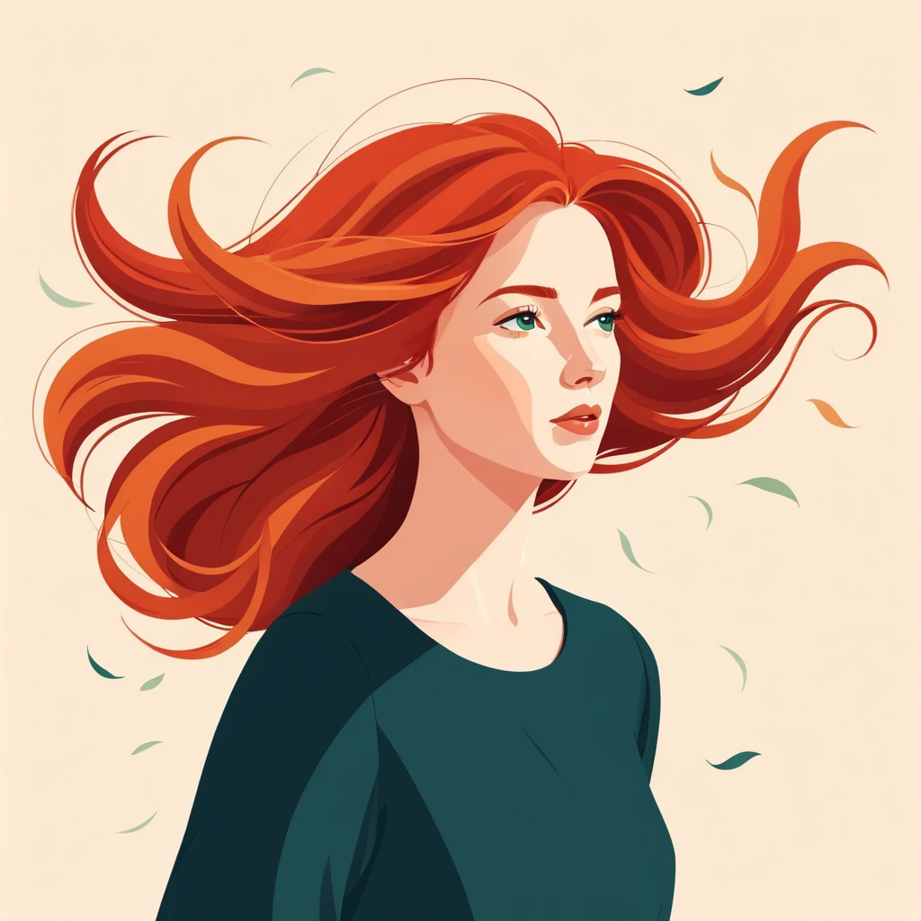 A flat style illustration a red-haired woman with hair blowing in the wind, a woman. by Clémence Guillemaud
