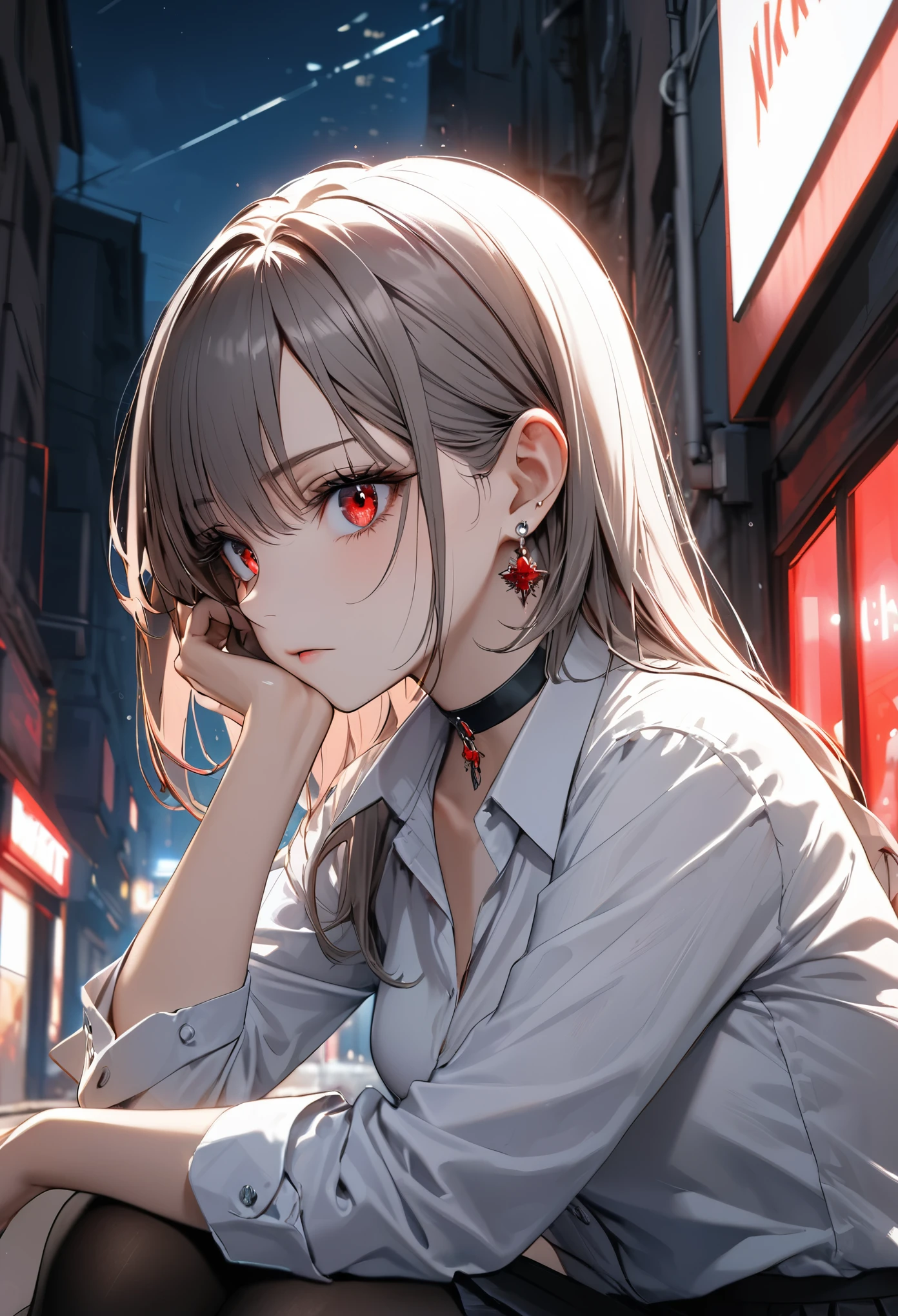 best quality, super_delicate, super delicate eyes, ultra detailed, beautiful, 8k , 1girl, red eyes, evil, facial profile, street, sitting, business shirt, skirt, earrings, choker, black tights, nikke, night