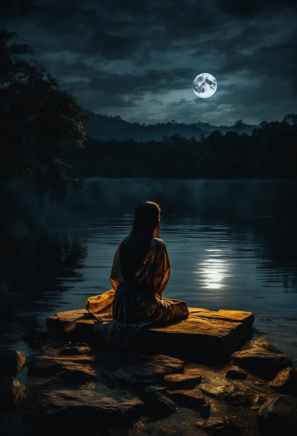 in the gloomy dark night of boarding school in asian. A moon light reflecting on the lake, dramatic sky. There is a beautiful female student, sitting on the big stone by the lake. She is wrapped in bartek csarong, creepy situation. horror movie, extreme detail. shadow, dark night, texture, masterpiece, great art, high quality, best quality, highly detailed, 8k, wide shot, panorama, (Bottom view:1.1)ultra realistic,32k, RAW photo,(high detailed skin:1.2), 8k uhd, high quality, film grain