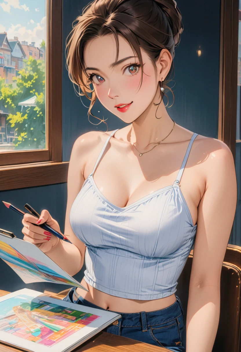 ((masterpiece)), (8k, expensive_solve), (clear_image), (highest quality), (sunlight, Face reflected in the light), (Face reflected in the light:1.1), (meitantei conan (style), alone, Beautiful eyes and a beautiful face, ((One Girl, alone)), Mid-chest, Wide Hips, (Abdominal muscles:0.8), ((school uniform)), (ponytail), (blush, Happy, Happy smile, Laughter),Natural and dynamic poses、 ((She shows off her thin, body-hugging bra and high-leg panties.)).