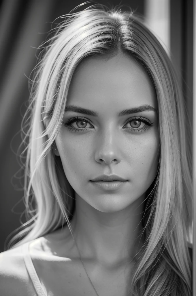 b&w, instagram photo, portrait photo of 26 y.o blonde woman, perfect detailed eyes, natural skin, hard shadows, film grain