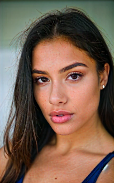 A beautiful 22 year old woman doing gymnastics, Morena escura , close up, girl next door, fitness clothes, (doing l city),make up, lips, cups, the night, Messy hair, film grain, retro, Supports 160 colors, Shot on ARRI ALEXA 65, sharp focus on the subject, Fujifilm XT-3