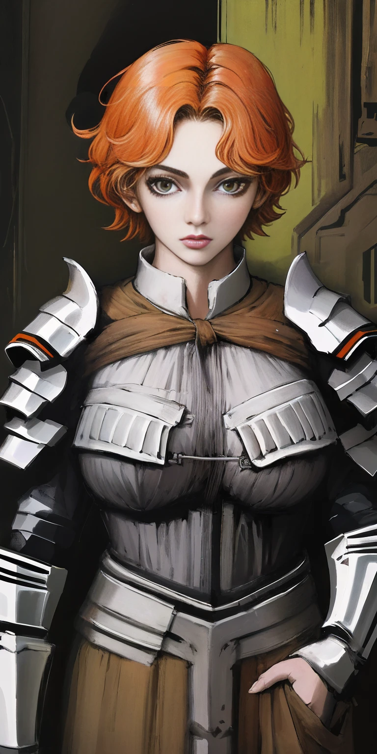 funger, very detailed illustration, 1girl, big breasts, high res high quality, masterpiece, looking at viewer, (knight), orange hair, absurdness, ultra-detailed, short hair