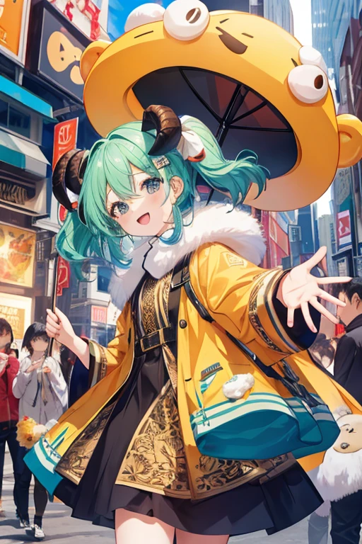 This image is、It shows a lively scene with a central figure rounded like a ram&#39;s horns, Pink Hair. She is wearing a traditional red kimono with floral patterns, Adorned with a green sash and hair ornament.  Create a festive atmosphere, Probably a Japanese festival, Lanterns illuminate the scene、In the background, flags are displayed to indicate specific events or locations.。. The overall atmosphere is bright and inviting..