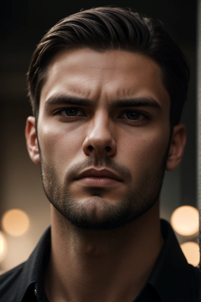 high quality, portrait photo of 30 y.o european man, wearing black shirt, serious face, detailed face, skin pores, cinematic shot, dramatic lighting