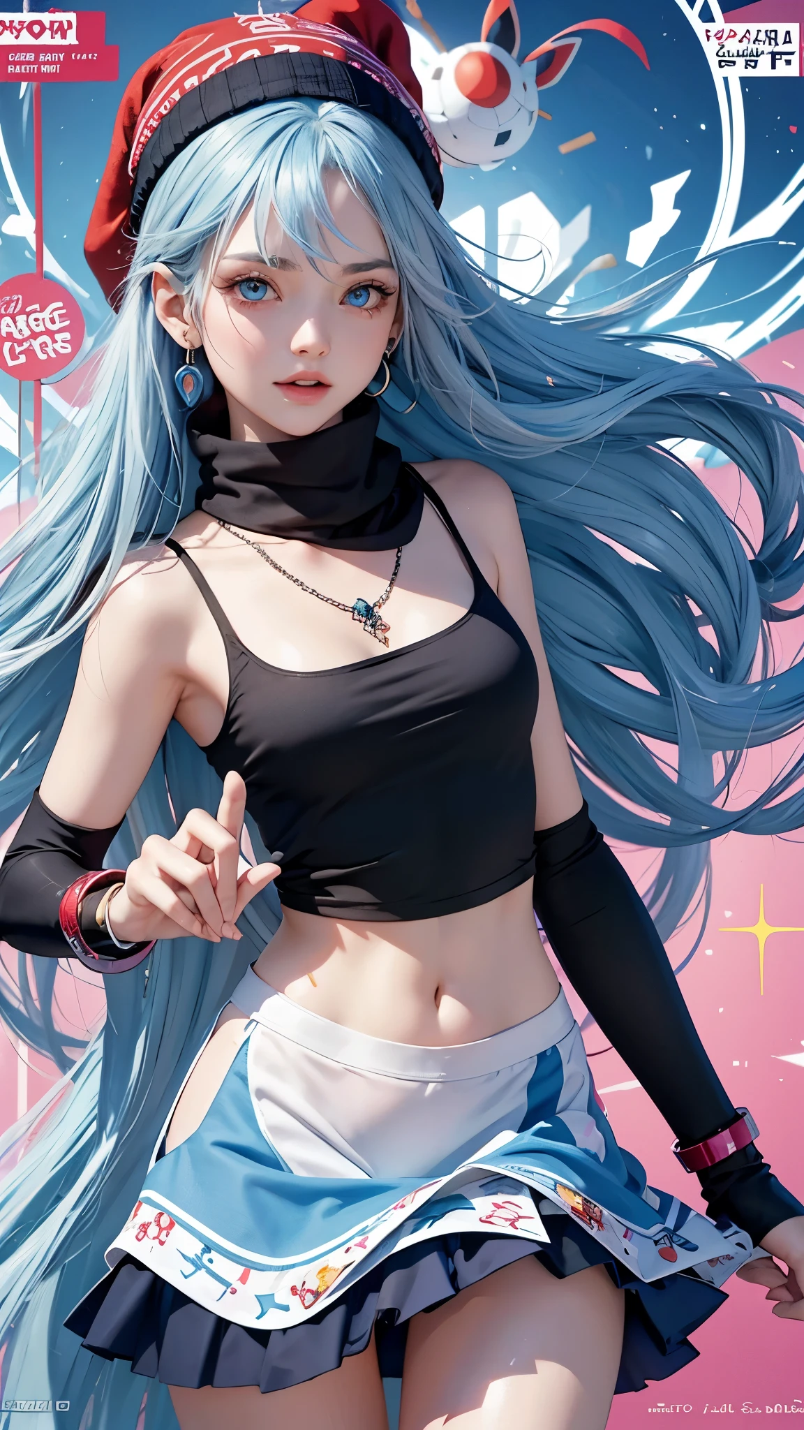 zzDawn, blue hair, blue eyes, sidelocks, long hair,, zzDawn, blue hair, blue eyes, sidelocks, long hair, bare shoulders, beanie, black shirt, black socks, bracelet, hat, jewelry, kneehighs, miniskirt, pink skirt, red scarf, scarf, shirt, skirt, sleeveless, sleeveless shirt, white headwear, printed panties, upskirt, skirt lift, panties with pokeball patterns, grinning, wink, magazine cover