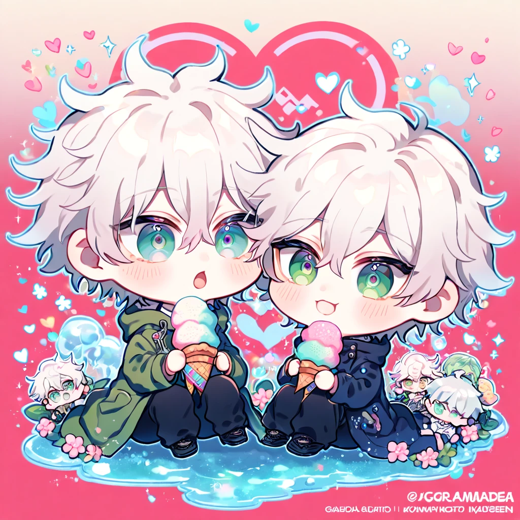 absurdres, highres, ultra detailed, HDR, master piece, Gojou Satoru, white hair with bangs, white eyelashes, expressive blue eyes, Jujutsu Kaisen, Komaeda Nagito chibi, white hair, expressive green eyes, green coat, white shirt, Danganronpa, two boys sitting together, cute, gay couple, yaoi, love, best quality, blossoms, pink petals, pink flowers, fantasy, magical, blue shining fireflies, water, ice cream,