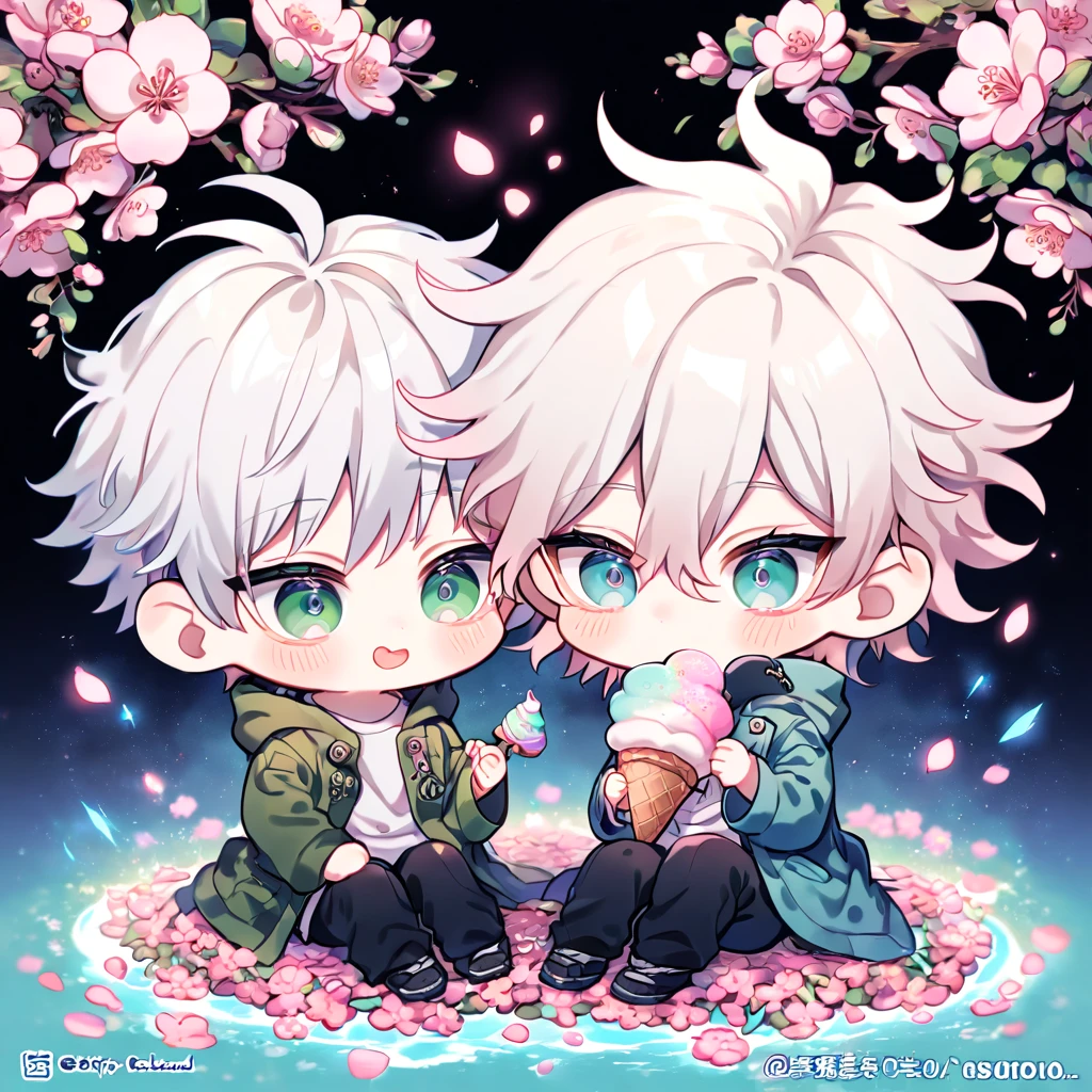absurdres, highres, ultra detailed, HDR, master piece, Gojou Satoru, white hair with bangs, white eyelashes, expressive blue eyes, Jujutsu Kaisen, Komaeda Nagito chibi, white hair, expressive green eyes, green coat, white shirt, Danganronpa, two boys sitting together, cute, gay couple, yaoi, love, best quality, blossoms, pink petals, pink flowers, fantasy, magical, blue shining fireflies, water, ice cream,