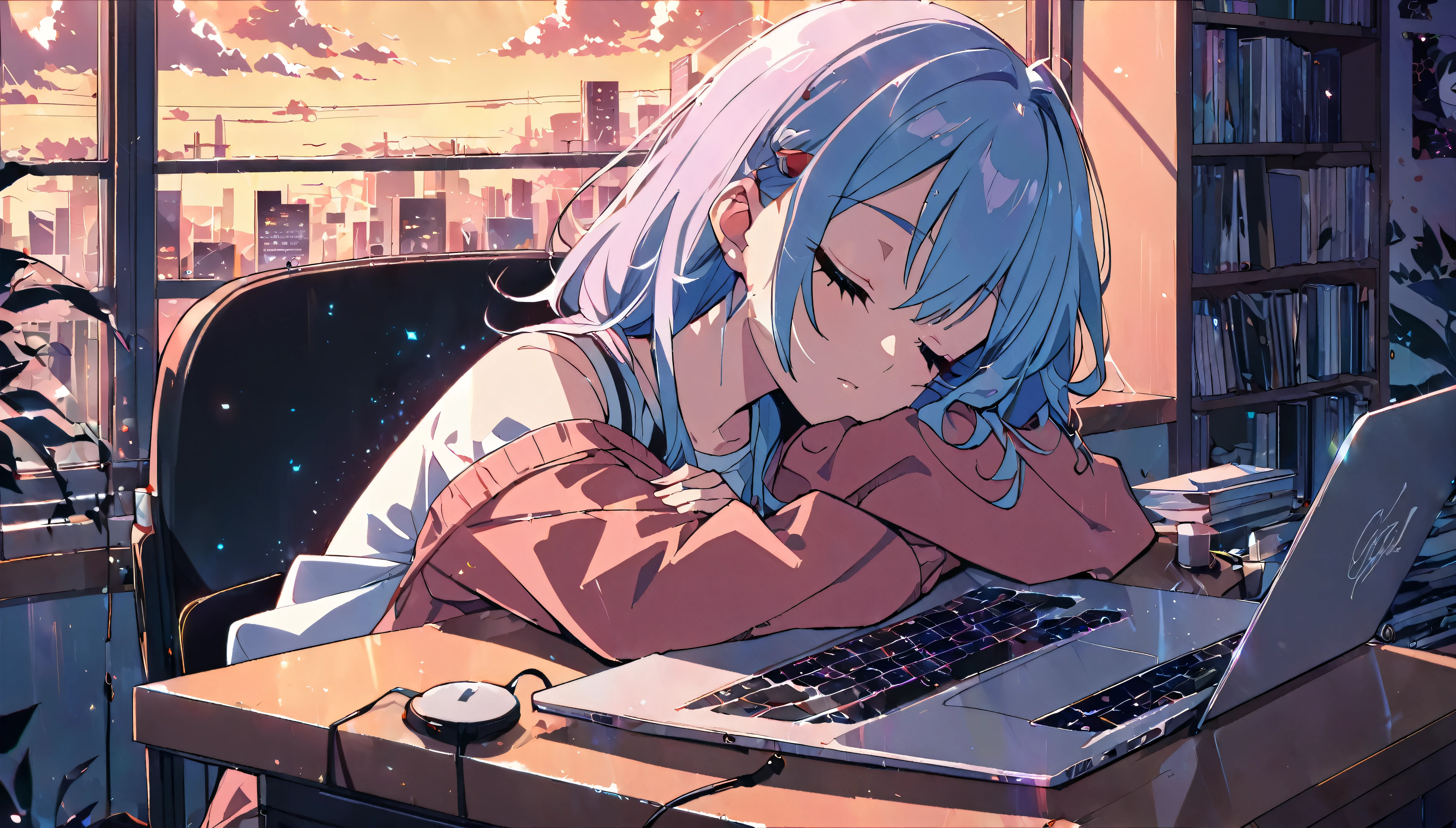 Anime girl sleeping on a desk with a laptop, Nightcore, Lo-fi art style, LOFI Girl, Anime Style 4k, Anime Aesthetics, Anime atmosphere, anime art wallpaper 4k, anime art wallpaper 4k, Lo-fi feeling, relaxed mood, Gweiz-style artwork, Portrait of Rofi,8k