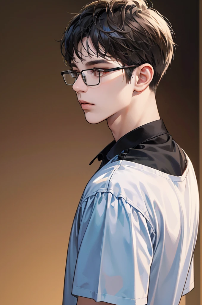 (Absurd, High resolution, Super detailed, Realistic, ), One adult male,mature, alone, Short black hair, Blue T-shirt,Brown eyes, (Glasses),Looking back to the side, The background is white、Super detailed, Highest quality, Detail view, Vectorized, 8k, Illustrated style、Vector line, Full HD,whole body