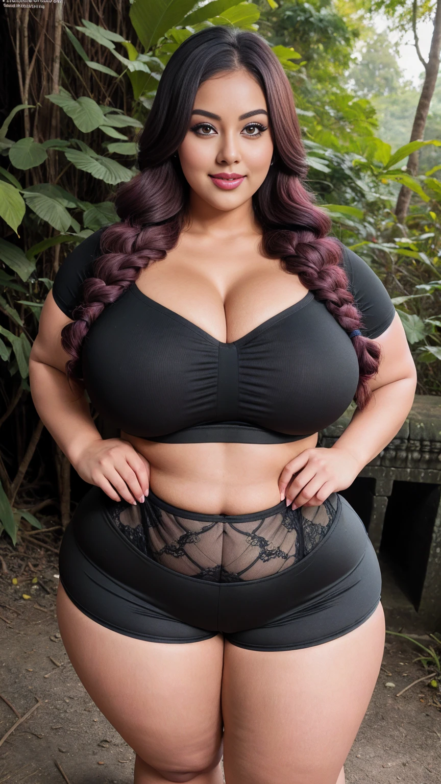gorgeous curvy plus size Indian bengali actress ritavori , glowing eyes, wearing SHEIN Young Boy Soccer Printed Short Sleeve T-Shirt And Shorts 2pcs/Set   Color: Multicolor , covered Bust, parted lips, blushing cheeks, thick thighs, bigger waist, busty, curvy plus size body, full body, full body shot, head to toe view, smoothning burgendy color hair with pfrench braid hairstyle, hourglass body, curvy plus size body, smile face, bigger waist, busty, big hips, fleshy thighs, thick thighs, busty, full body view, ultra detail, high resolution, ultra detailed, best quality, amazing, top quality, extremely detailed CG unity 8k wallpaper, full body view, Angkor Wat, Cambodia: Ancient temple complex with jungle backdrop.
