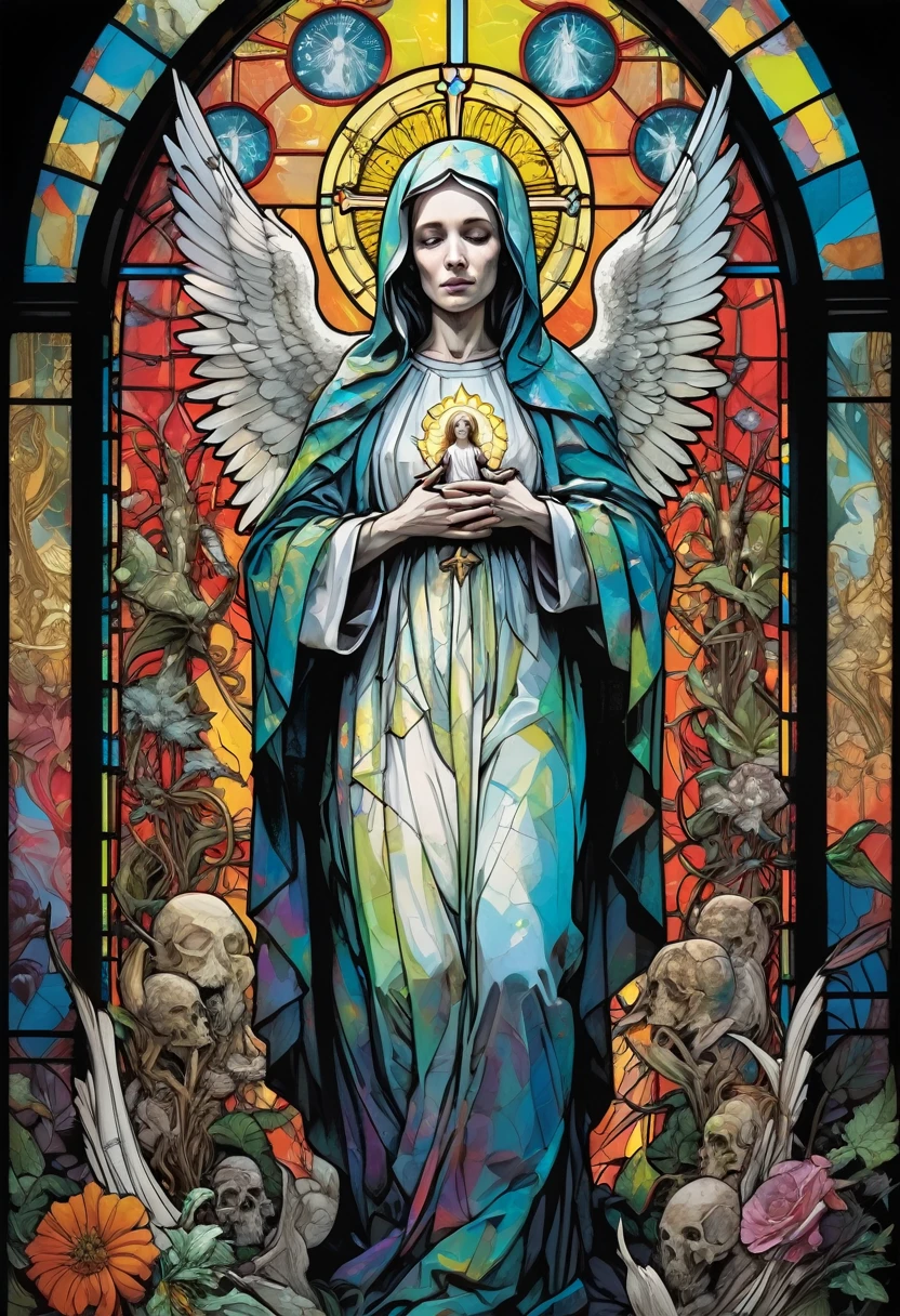 Poster,Jim Mahfood,ellen jewett, Very detailed, High Contrast,masterpiece, Stained Glass Background ,Blessed Virgin Mary,Holding an angel,Psychedelic Horror,Creation of the world