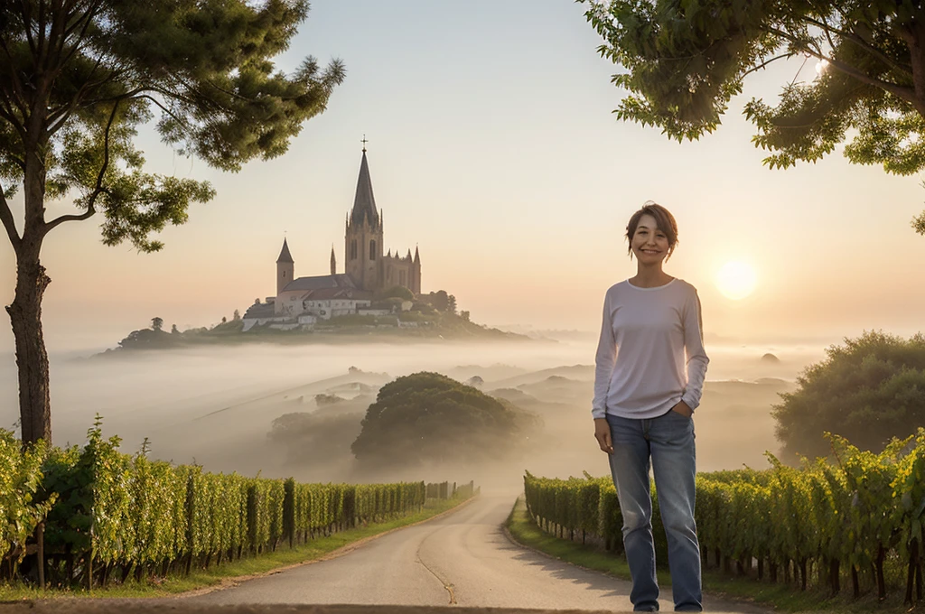 italian countryside dawn, foggy vineyard, Endless vineyards, 안개낀 standing on a path on a high hill. A cathedral can be seen far away in the fog.. The morning sun comes brightly. textured skin, anatomically correct, ((japanese mature, 55 years old)), alone, ((wrinkles appear on the face)), nice body, Short hair, Close your eyes and smile, (((upright, facing the center of the screen.))), Close your mouth and look straight ahead with a serious face.., Long sleeve t-shirt and casual pants, 1 woman, 1 woman, A cathedral can be seen far away in the fog.. Full body shot with Canon camera 16-35 wide angle lens, standing on a path on a high hill. 1 woman, The red sun shines brightly in the distance through the fog.