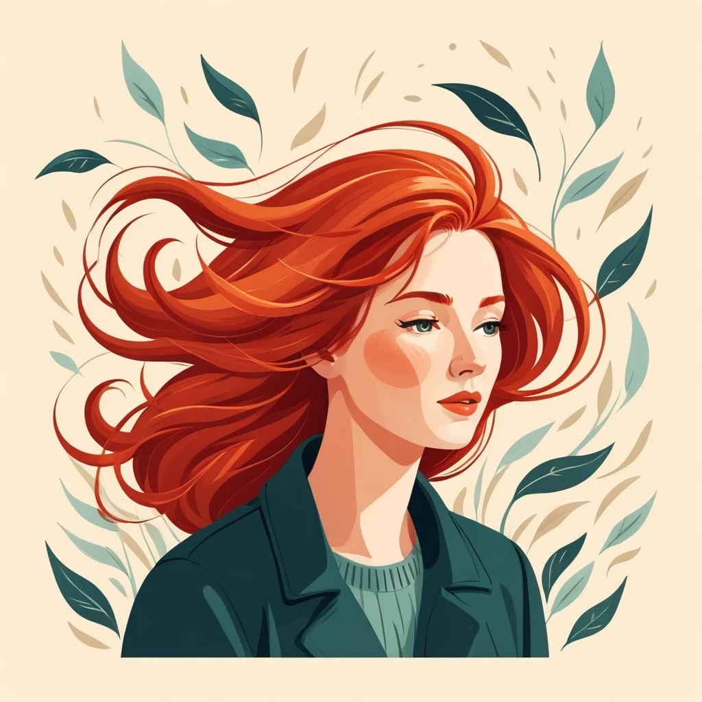 A flat style illustration a red-haired woman with hair blowing in the wind, a woman. by Clémence Guillemaud