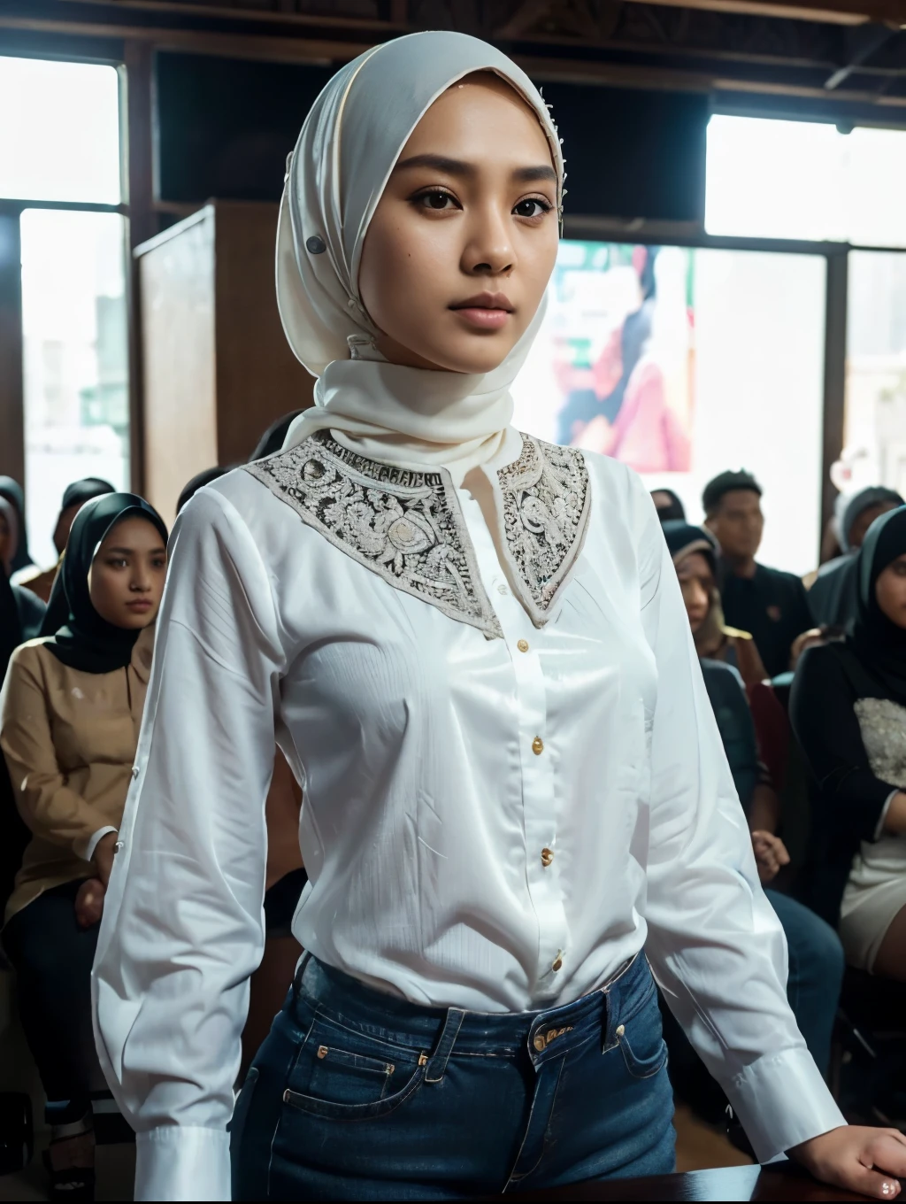 a young Indonesian woman, beautiful young woman, Hijab, blouse shirt, skinny jeans. best quality, realistic, photorealistic, (intricate detail: 1.2), (fine detail), (cinematic light), clear lines, sharp focus, realistic face, detailed face, unity 8k wallpaper, very high resolution, (photorealistic: 1.4), He was looking at the audience