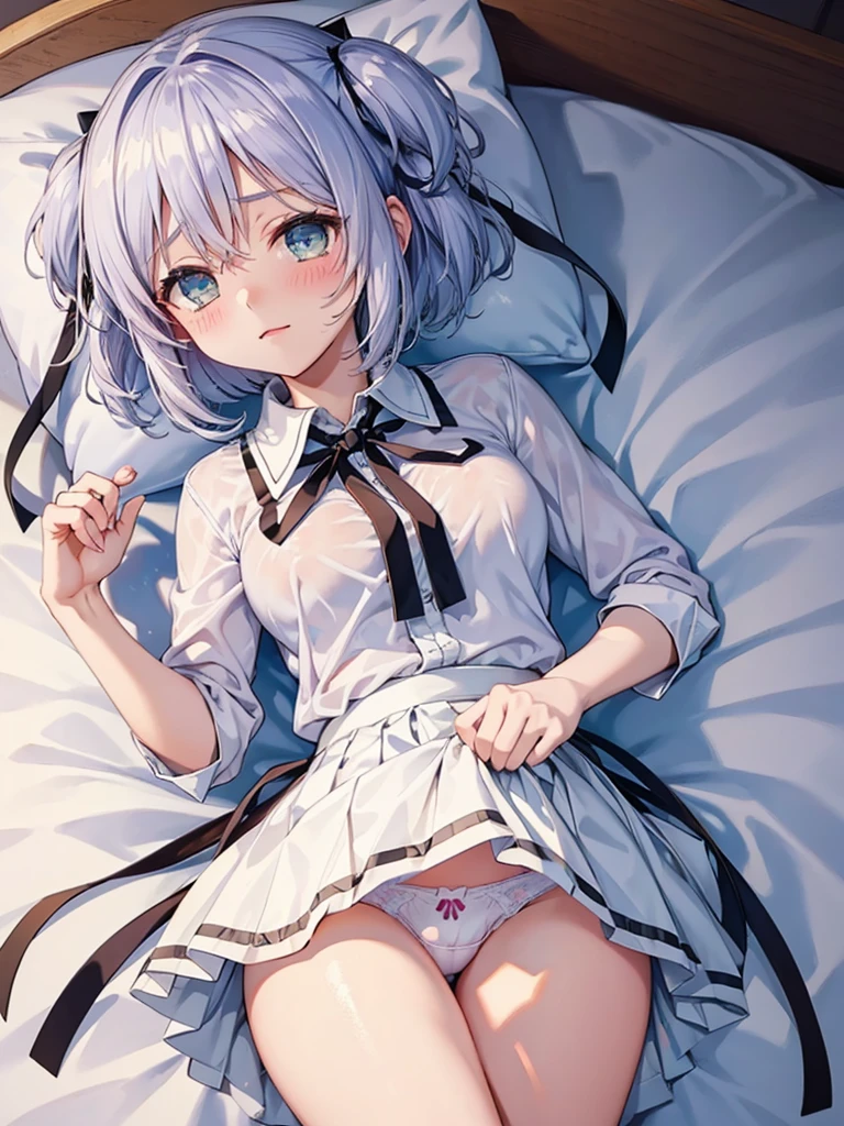 Squint your eyes,blush,Mitsukai Skull,bed,White Hair, skirt lift1.5, showing panties, watery eyes