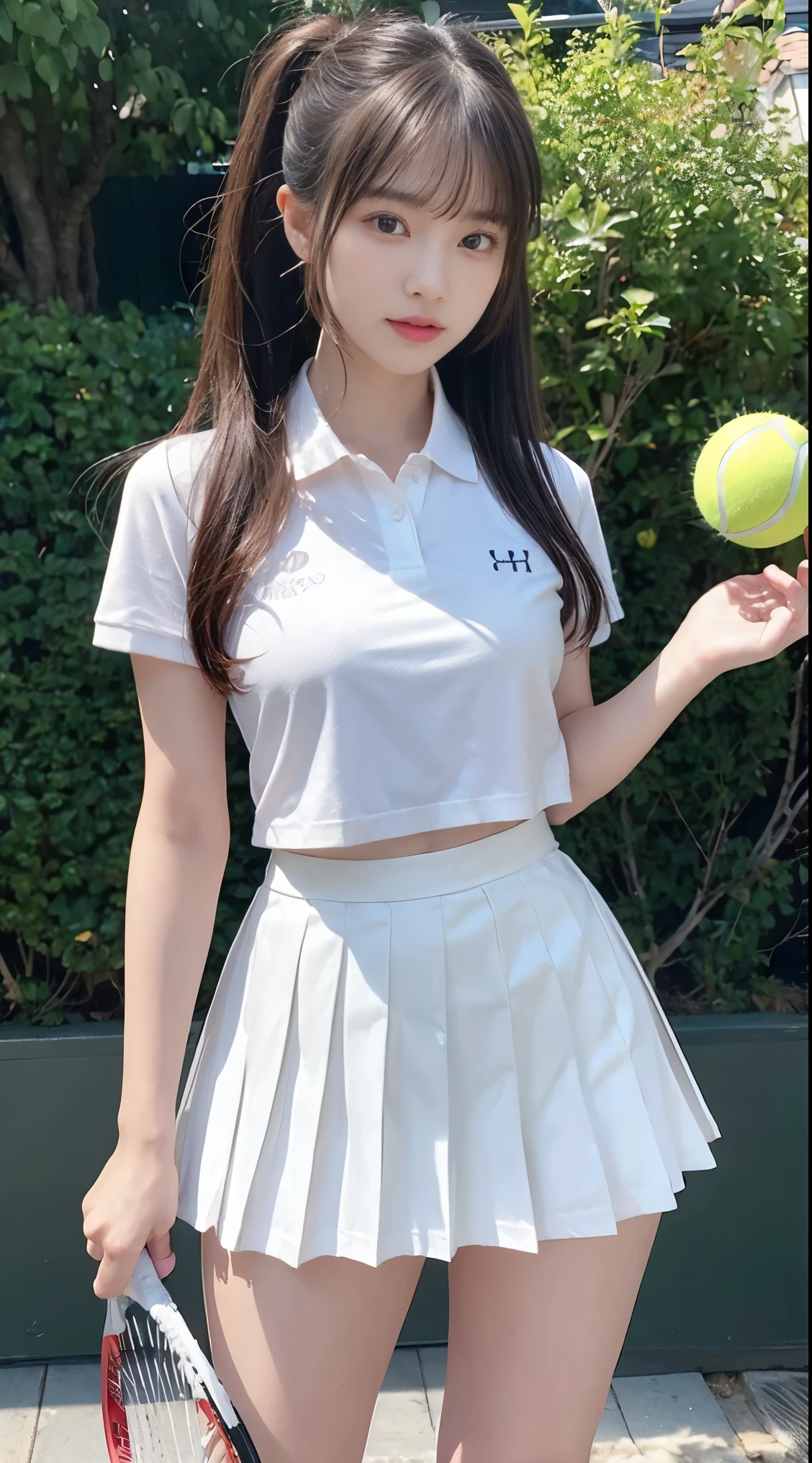 (8K, RAW Photos, Highest quality, masterpiece:1.2), (professional photography, full colors, studio-caliber color grading), (Gravure quality for high-end fashion magazines), close up, BREAK,18 year old girl,(straight hair:1.1), bangs, crying a little, Harajuku style, Big Natural Color Lip, (Plumpy body (smooth skin.1 (huge breasts.2), (expresses the roundness and softness of the chest area..1), BREAK (white tennis uniform, short sleeve, shirt, skirt, socks, tennis shoes), standing, sexy pose