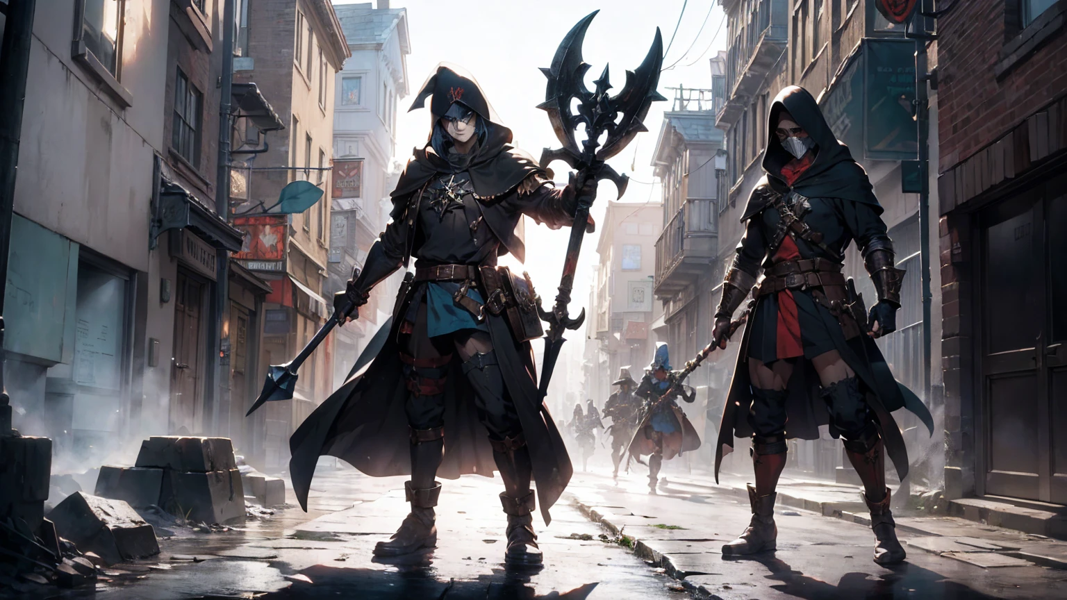 warhammer fantasy roleplay grave robber with a hooded cloak, wearing a fancy jester mask, human, male, skinny, full body art, grimdark comic art style, holding a shovel, belt pouch, no weapons, no armour, gloved hands