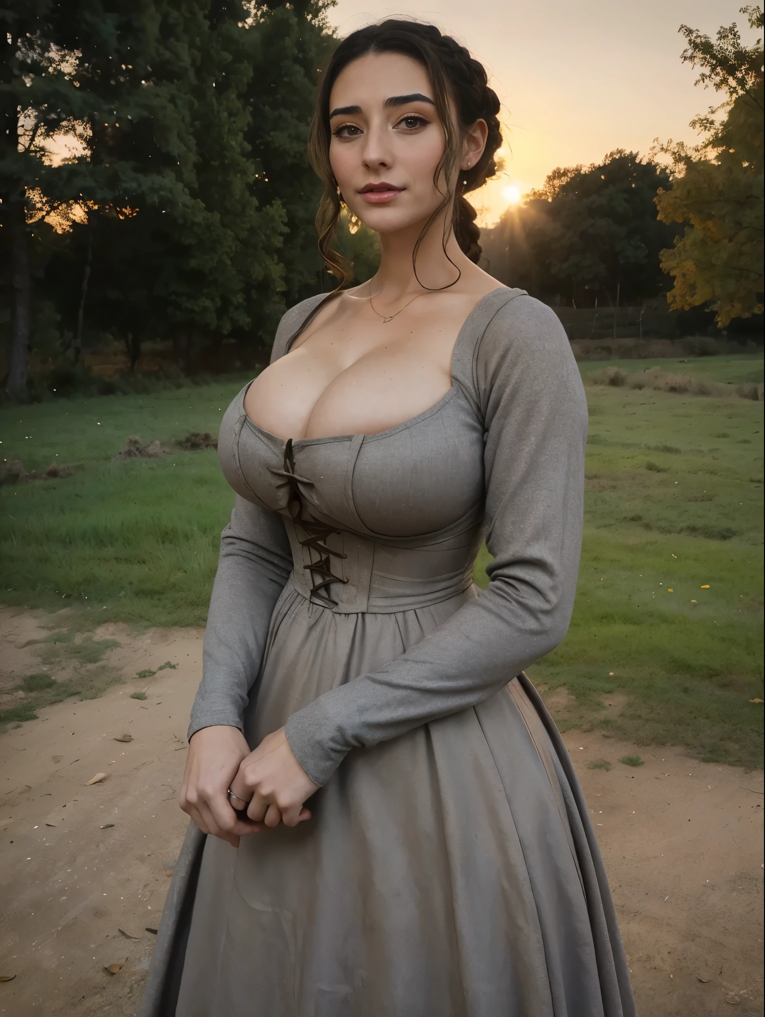 Gorgeous and sultry busty athletic (thin) brunette peasant with sharp facial features wearing a modest updo, medieval hair cover, rough-spun grey and brown medieval dress, long sleeves, wide neck, long dress, tight bodice, corset, Middle Ages, cottage, farm, exterior, trees, countryside, evening, sunset.